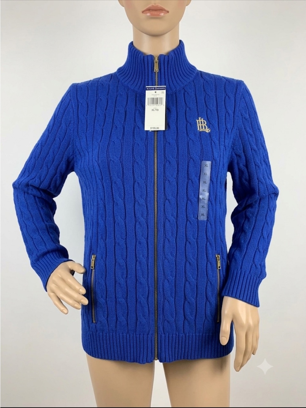 NWT Lauren Ralph Lauren Cable-Knit Full-Zip Sweater Jacket Royal Blue XL